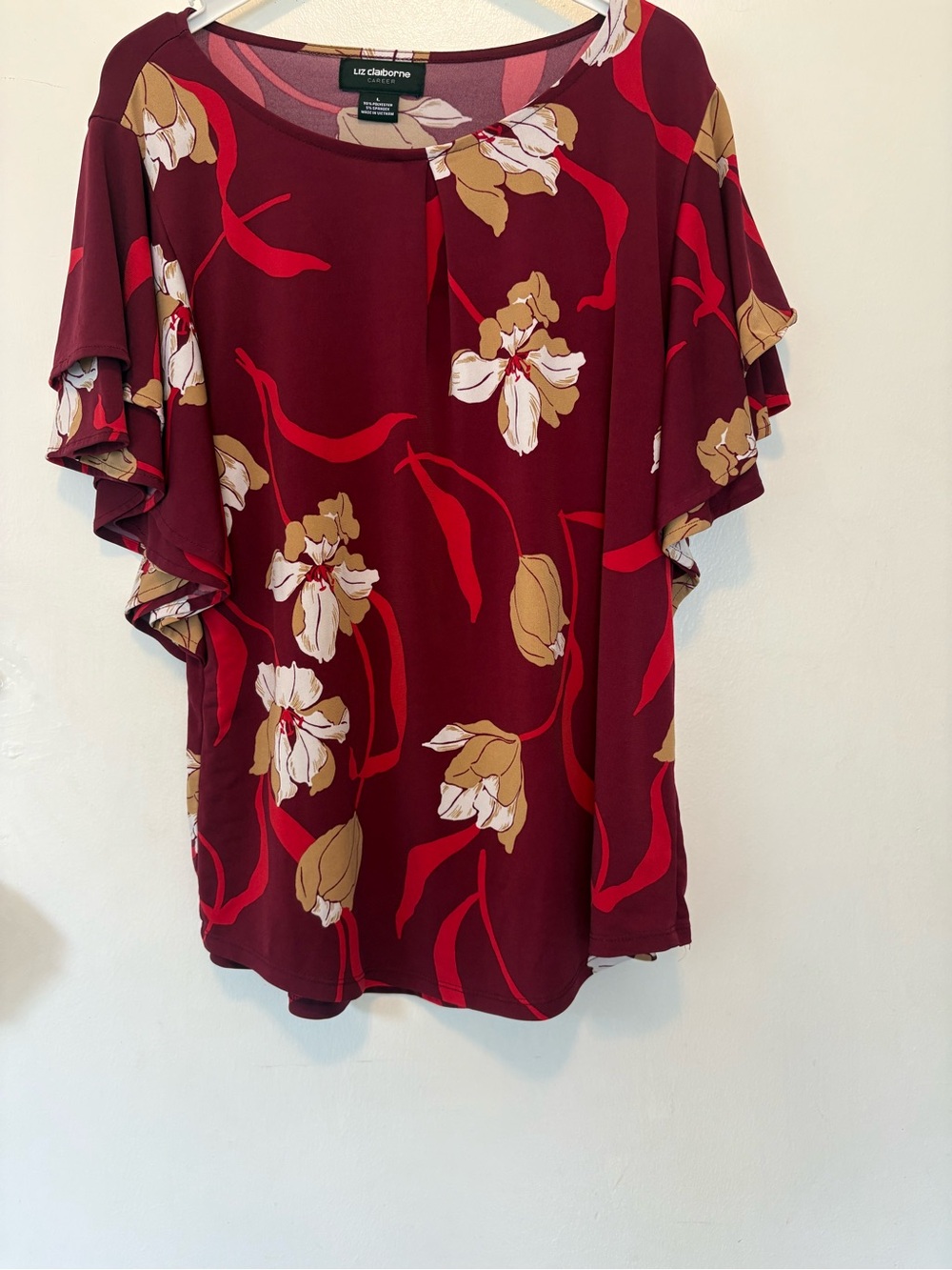 Liz Claiborne Maroon Floral Ruffle Sleeve Blouse